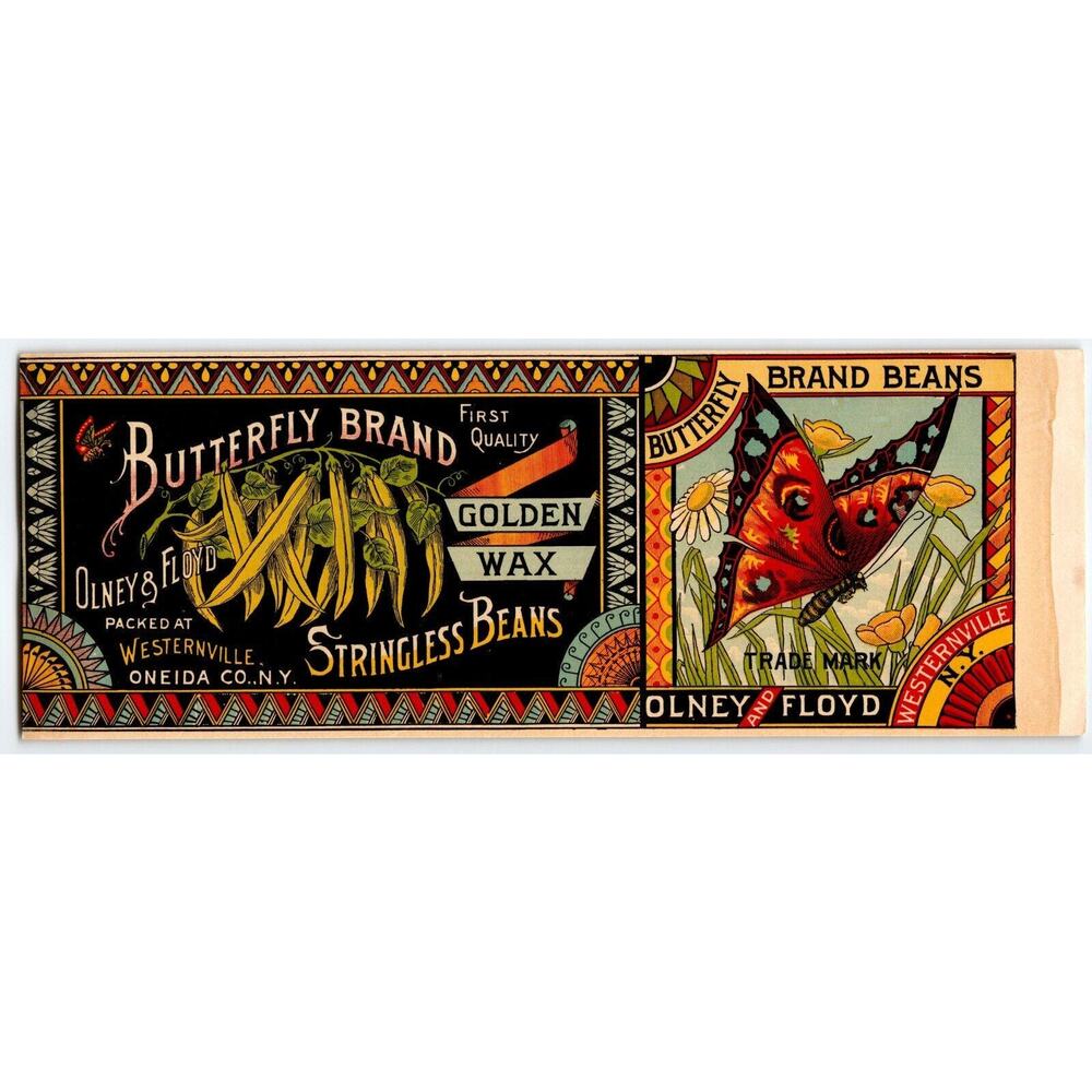 Butterfly Brand Golden Wax Beans Victorian 1890's Food Can Label Lithograph Art